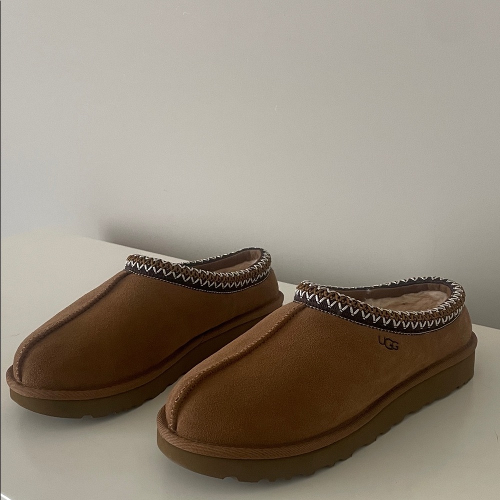 UGG Tan Slip-On Mules with Patterned Trim